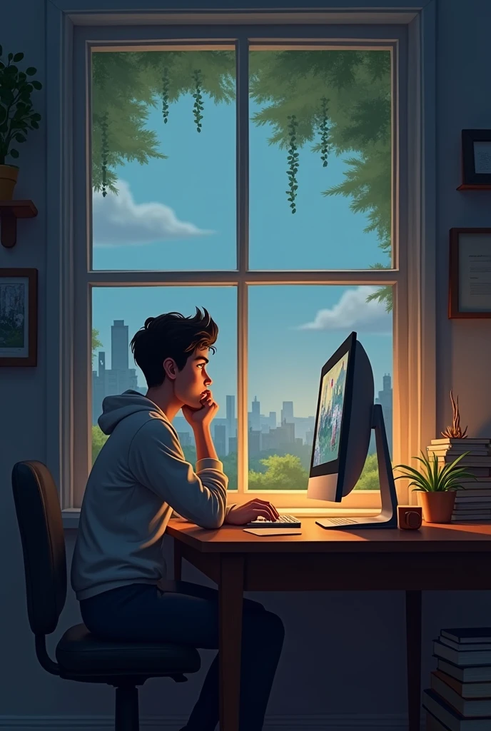 person sitting at table with computer and looking at window
