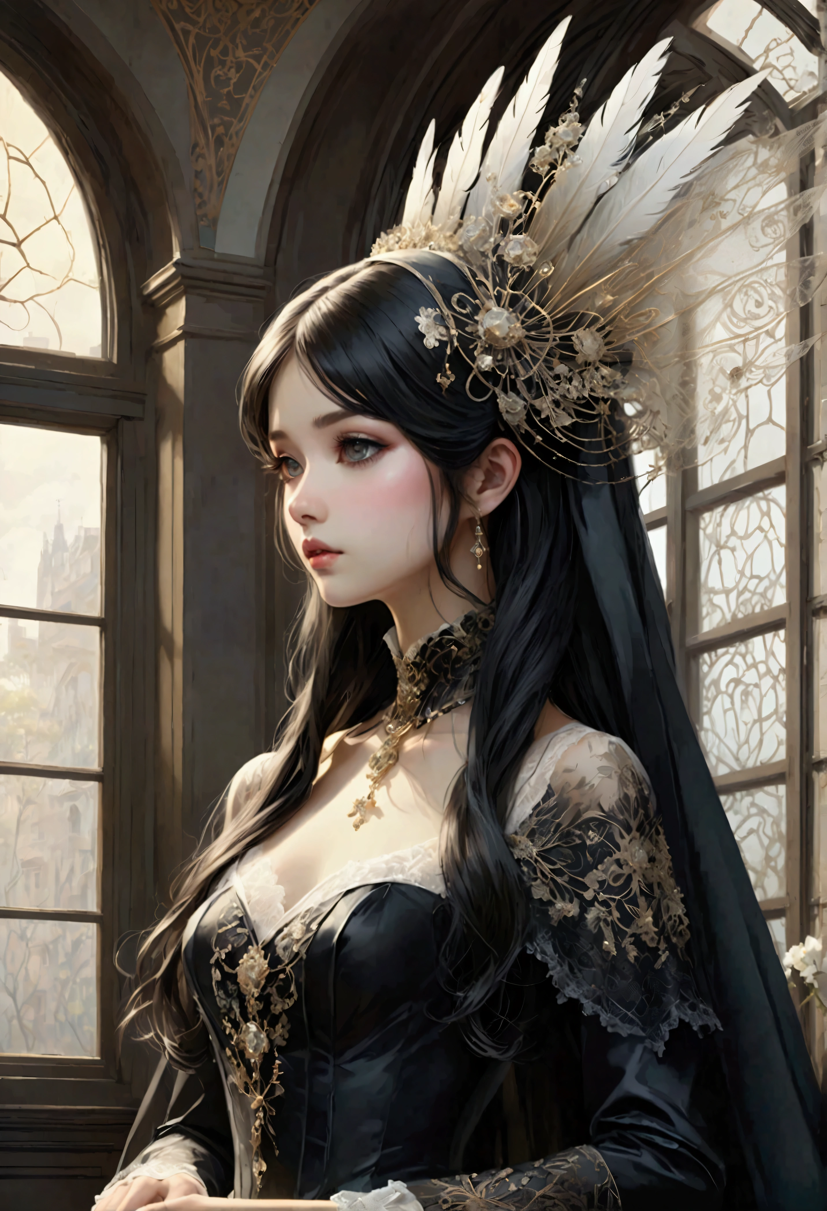 In a world where the elegance of a faded era meets the precision of mechanical innovation, a Gothic ta girl stands as a living testament to this haunting beauty. Her long black hair drapes luxuriously around her shoulders, a silken veil of night that enhances the alabaster fragile elegance of her complexion. Her dress, a cascade of deep black fabric intricately entwined with lace and satin, whispers of a time once filled with grandeur and sophistication. Her mechanical wings, a marvel of artistry and technological prowess, spread wide in a magnificence that defies conventional beauty—their metallic feathers etched with ornate details that glint like starlight in the decadent gloom of her surroundings. She inhabits a space that breathes decay; fragments of marbled elegance and ghostly echoes of an opulent past cradle her form, shaping an ambiance of poetic disarray. Each movement she makes tells a tale of gracefully enduring time, a symphony of elegance and resilience set against the melancholic serenade of inevitable decay. Her eyes, dark and fathomless, capture the melancholic essence of a world forever caught between its past grandeur and the mechanical marvels of an evolving future.,artwork,rendering,(masterpiece:1.3),(highest quality:1.4),(Super detailed:1.5),High resolution,Very detailed,unity 8k wallpaper