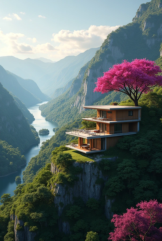 Beautiful house on a mountain, a distant river, a pink ipê 