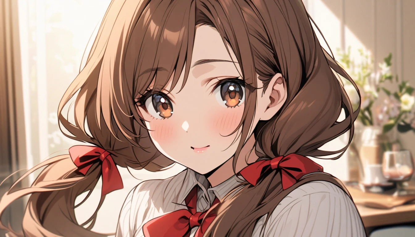 girl, mature, cute, brown eyes, brown hair, beautiful eyes, beautiful color, low twin tails, red bow, long hair, adult
