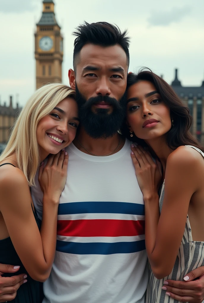 Photorealistic. Chinese man mid-30s with strong stare with full Viking beard wearing white t-shirt with red blue horizontal stripe.  A peroxide blonde 1 girl hugging him from behind laughing. Skinny and beautiful Indian woman draped over him. Big Ben in background. 
