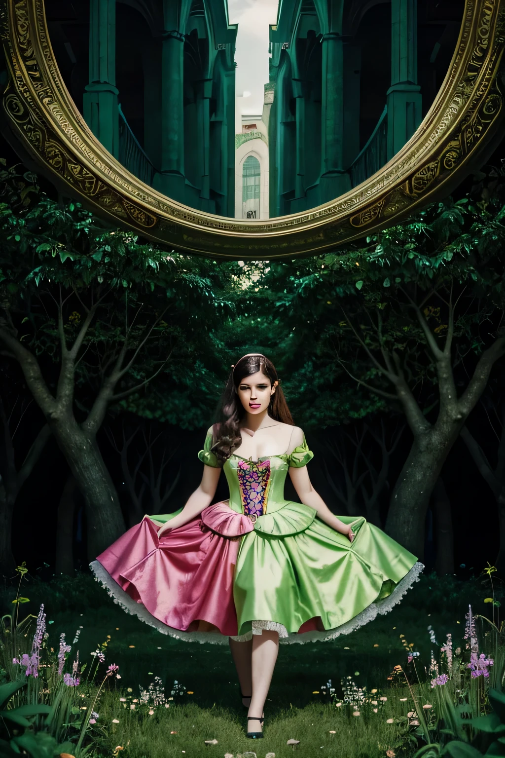 Alis in the Wonderland. in green multicolored dress, vector image book cover,