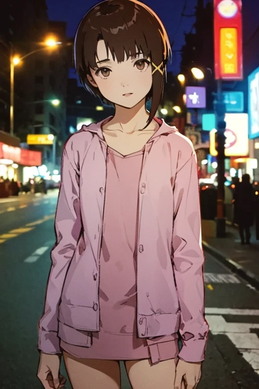 (masterpiece, Highest quality), Highest quality, ((photographic backdrop, SixtiesRamada)), Amazing details, Line art, Written boundary depth, Flat Shading, yoshinari yoh, 1girl, solo, ((iwakura lain)), (iwakura lain poses seductively on the broadway boulevard at night), pink jacket, Expressive eyes, Perfect Face, (skinny, flat chest, small breast), Art Nouveau, Bokeh, (((Anatomically correct))), open mouth