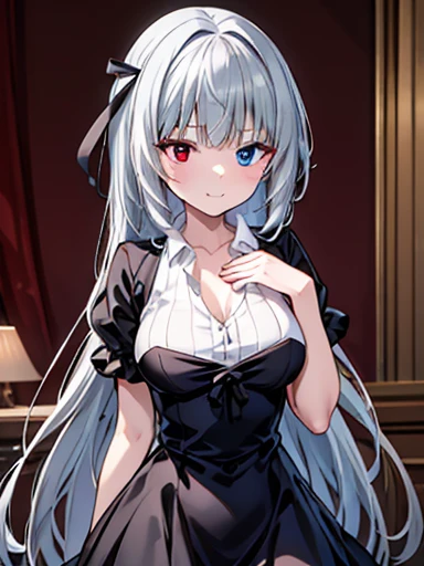 super high quality、indoor、(masterpiece)、Valentine、Are standing、Mouth closed、smile、Luminous Valentine、Silver Hair、Waist-length hair, (blue eyes:1.2), Heterochromia iridis, (Red eyes:1.3),Black Dress、Black Ribbon、grassland、Black Dress、Place your hand on your chest,Large Breasts