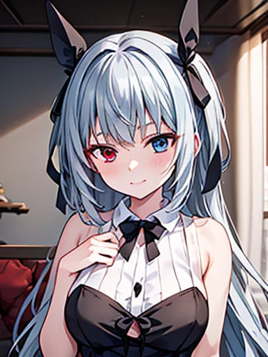 super high quality、indoor、(masterpiece)、Valentine、Are standing、Mouth closed、smile、Luminous Valentine、Silver Hair、Waist-length hair, (blue eyes:1.2), Heterochromia iridis, (Red eyes:1.3),Black Dress、Black Ribbon、grassland、Black Dress、Place your hand on your chest,Large Breasts