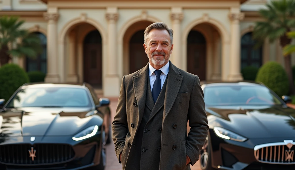 A person in the middle of image wearing coat and having luxurious cars and house