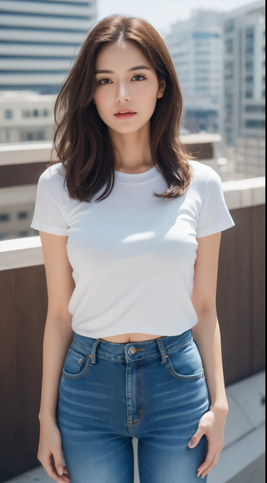((midynight, Need, 8k, tmasterpiece)), Whole body curve, Long legs, Close-up photography, perfect figure beautiful woman, Slim abs, long and dark brown hair, Plump breasts, white tight t-shirt, denim pant, Standing posture, Building roof background, Highly detailed facial and skin texture, Detailed eyes and double eyelids。