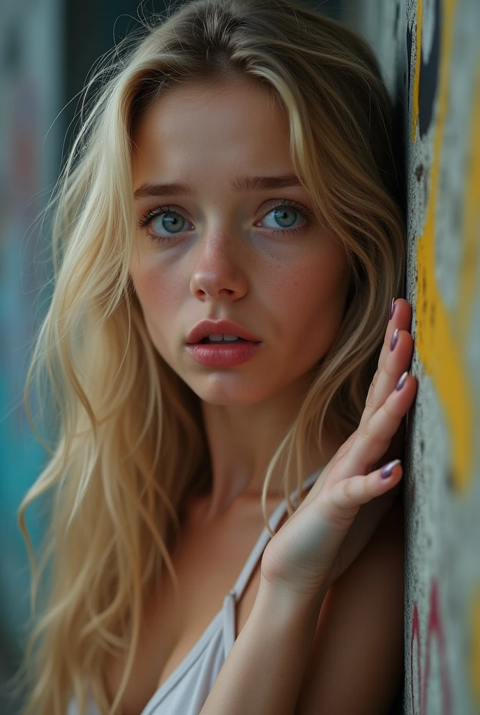 Close up of cute swedish girl, Little Cute Girl,  skinny blonde teen, (detailed face, beautiful detailed blue eyes, Refined nose), I look at the viewer, scared look, long light dirty hair, dressed only in sexy micro panties, biting her red lips, visible navel, deep neckline, teasing the firm breasts, , tiny breasts,  her hands are on the wall, side shot, extreme skin detail, ultra realistic, 8 K, wallpaper, on a street in a New York area with graffiti on the walls, ultra realistic, 8 K, She&#39;s about to be robbed., 