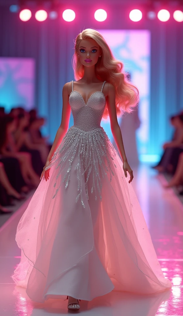 Barbie in a glamorous fashion show, wearing an incredible, unique, and unconventional wedding dress, detailed face, detailed eyes, detailed lips, long eyelashes, beautiful expression, elegant pose, professional style, high-quality 8k, photorealistic, dramatic lighting, cinematic composition, vibrant colors
Con