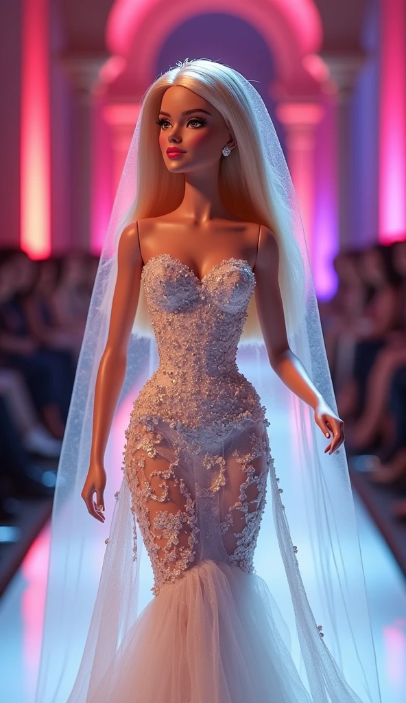 Barbie in a glamorous fashion show, wearing an incredible, unique, and unconventional wedding dress, detailed face, detailed eyes, detailed lips, long eyelashes, beautiful expression, elegant pose, professional style, high-quality 8k, photorealistic, dramatic lighting, cinematic composition, vibrant colors
Con