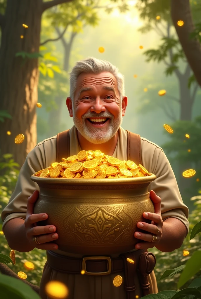 a happy man after seeing a gold filled pot