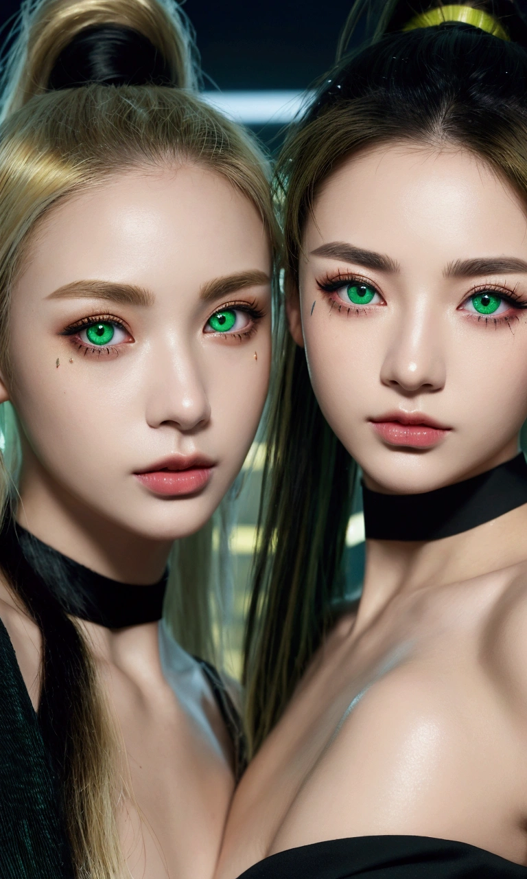 (masterpiece, best quality, 8k, sharp focus, depth of field, best shadows, perfect lights, HDR, realistic skin texture, ultra-detailed background, detailed), anime style, 2 women kissing (one of them has green eyes, white skin, black hair with ponytail, choker, small breasts, slim, makeup, eyeliner, glitter), (the other woman has blonde hair), at a night club, cyberpunk theme, Cyberpunk City.