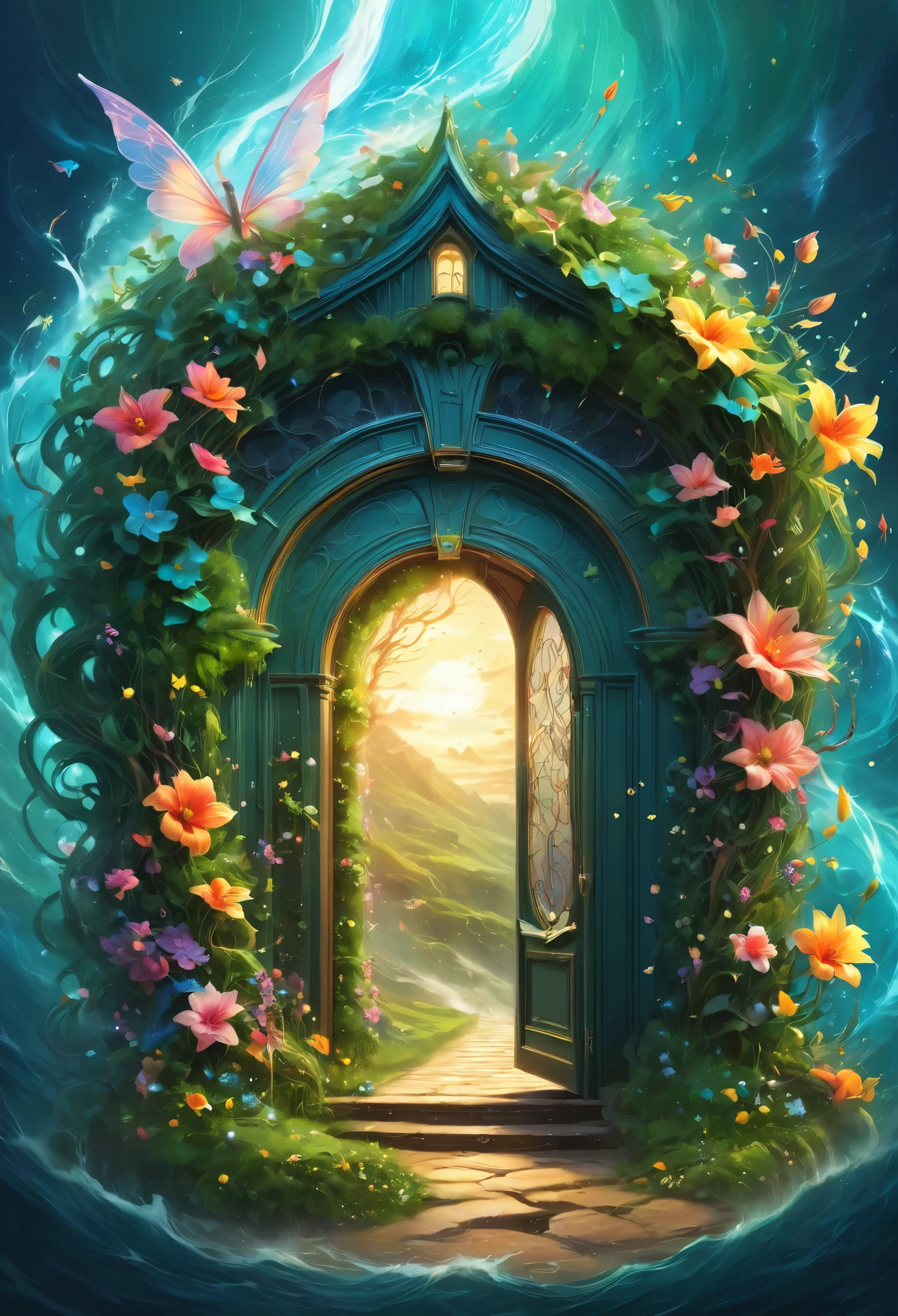 Surrealなイラスト, doorを開けて, 次元のdistortion, [[[Analog Clock]]], (((Fairy:1.2, Flower storm, The wind is blowing strongly))), Creation of heaven and earth,distortion, Surreal, door:1.2, (Highest quality:1.2, Very detailed, Attention to detail, Ultra-high resolution, masterpiece:1.4, Best aesthetics),
