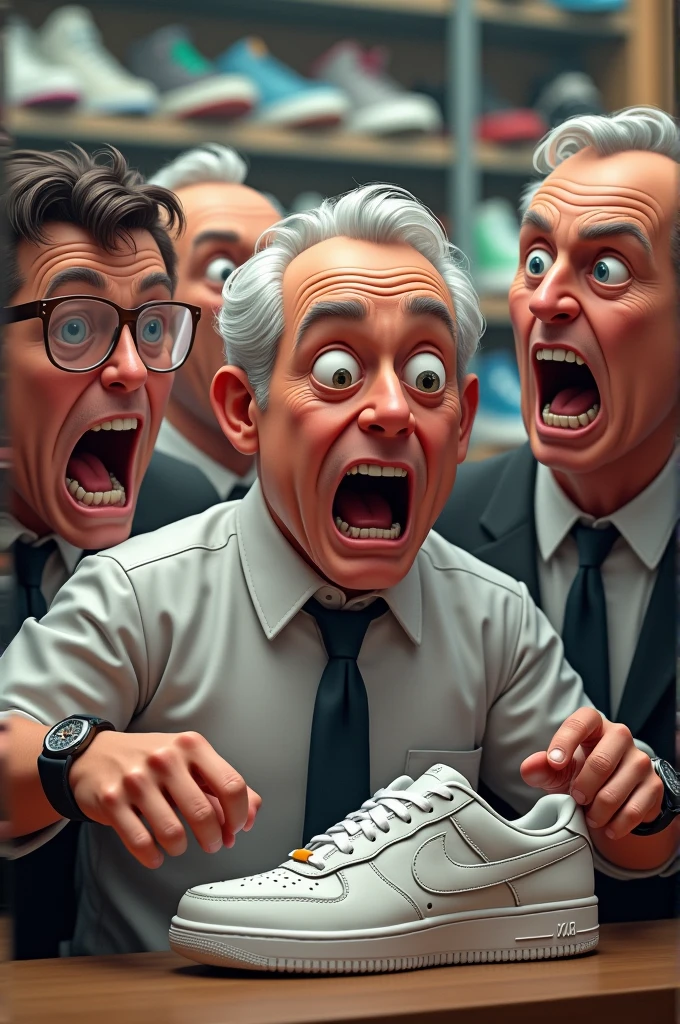 create the men with shock expression when see the low price of sneakers