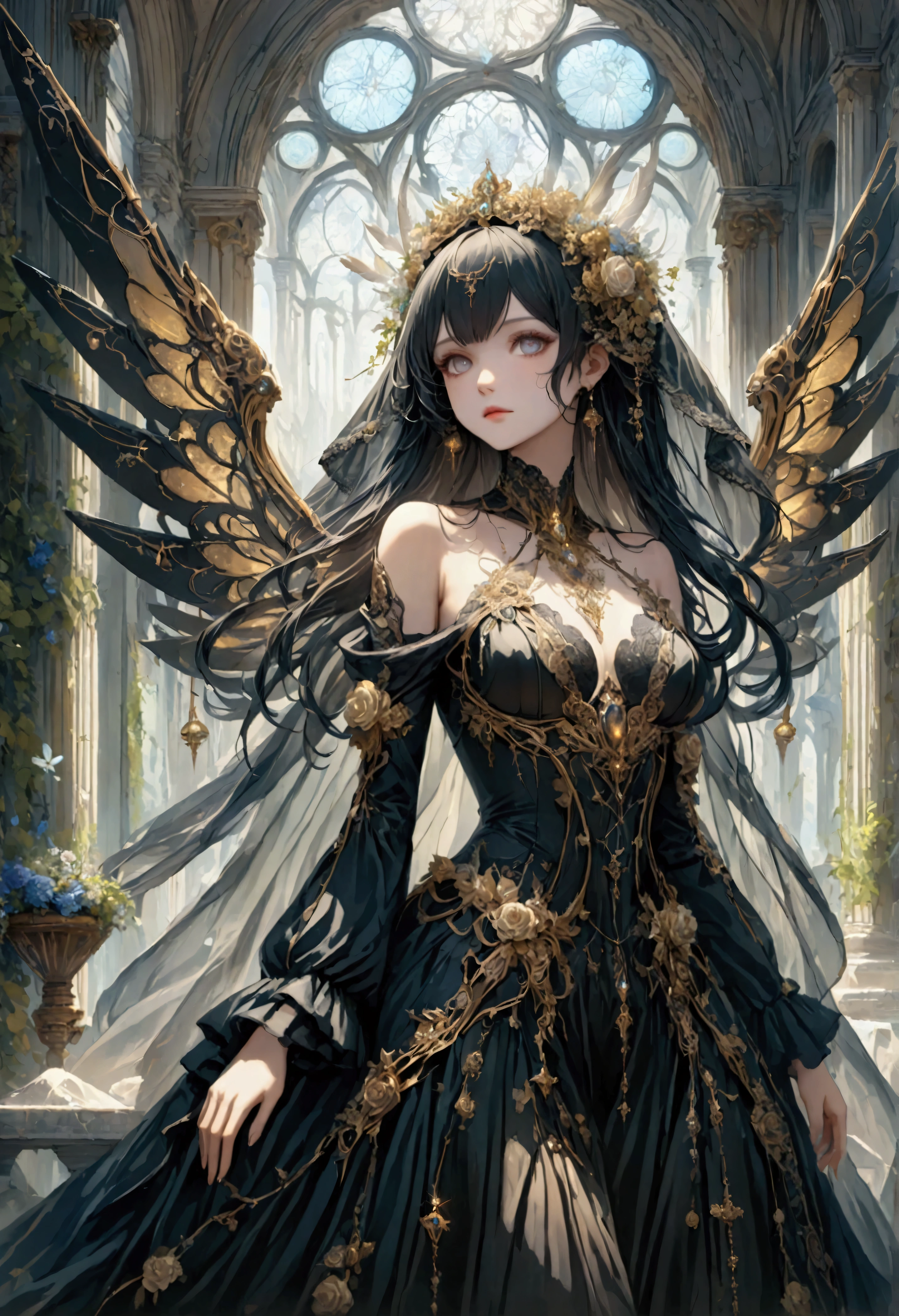 In a world where the elegance of a faded era meets the precision of mechanical innovation, a Gothic ta girl stands as a living testament to this haunting beauty. Her long black hair drapes luxuriously around her shoulders, a silken veil of night that enhances the alabaster fragile elegance of her complexion. Her dress, a cascade of deep black fabric intricately entwined with lace and satin, whispers of a time once filled with grandeur and sophistication. Her mechanical wings, a marvel of artistry and technological prowess, spread wide in a magnificence that defies conventional beauty—their metallic feathers etched with ornate details that glint like starlight in the decadent gloom of her surroundings. She inhabits a space that breathes decay; fragments of marbled elegance and ghostly echoes of an opulent past cradle her form, shaping an ambiance of poetic disarray. Each movement she makes tells a tale of gracefully enduring time, a symphony of elegance and resilience set against the melancholic serenade of inevitable decay. Her eyes, dark and fathomless, capture the melancholic essence of a world forever caught between its past grandeur and the mechanical marvels of an evolving future.,artwork,rendering,(masterpiece:1.3),(highest quality:1.4),(Super detailed:1.5),High resolution,Very detailed,unity 8k wallpaper