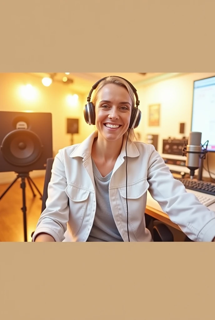 Use the image to generate an Ai image of  a radio presenter in studio wearing headphones and also conducting a show while smiling 