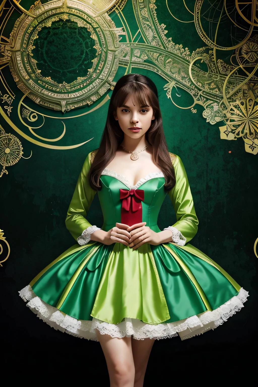 Alis in the Wonderland. in green multicolored dress, vector image book cover,