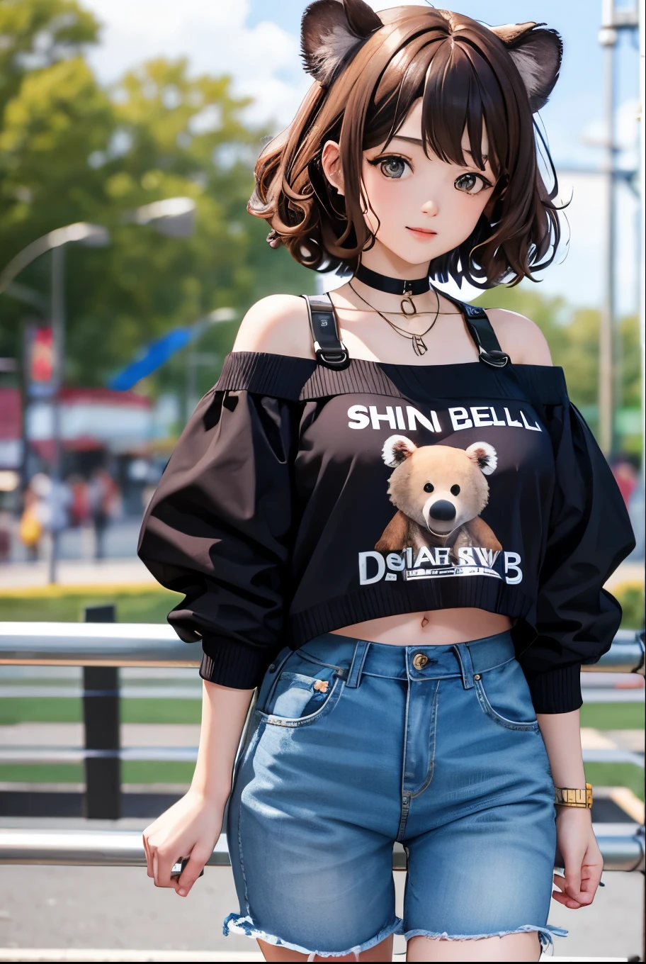 Top quality, highly detailed, UHD, idol, playing at an amusement park, cute and beautiful anthropomorphic koala girl with brown curly bob hair wearing a heart-shaped choker, casual clothes