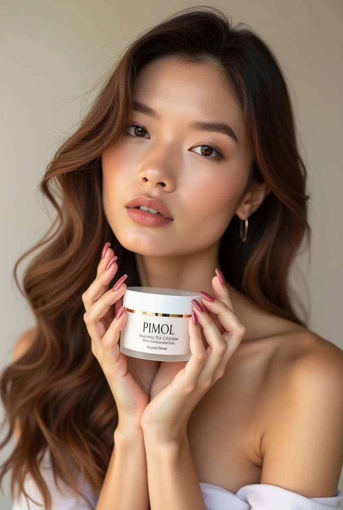 Beautiful woman holding a jar of PIMOL brand face cream.