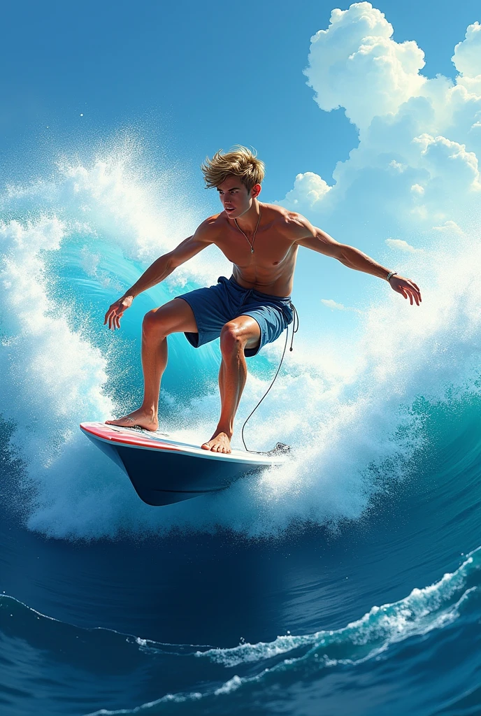 A cool age boy on a tacht surfing in blue  ocean with high tides