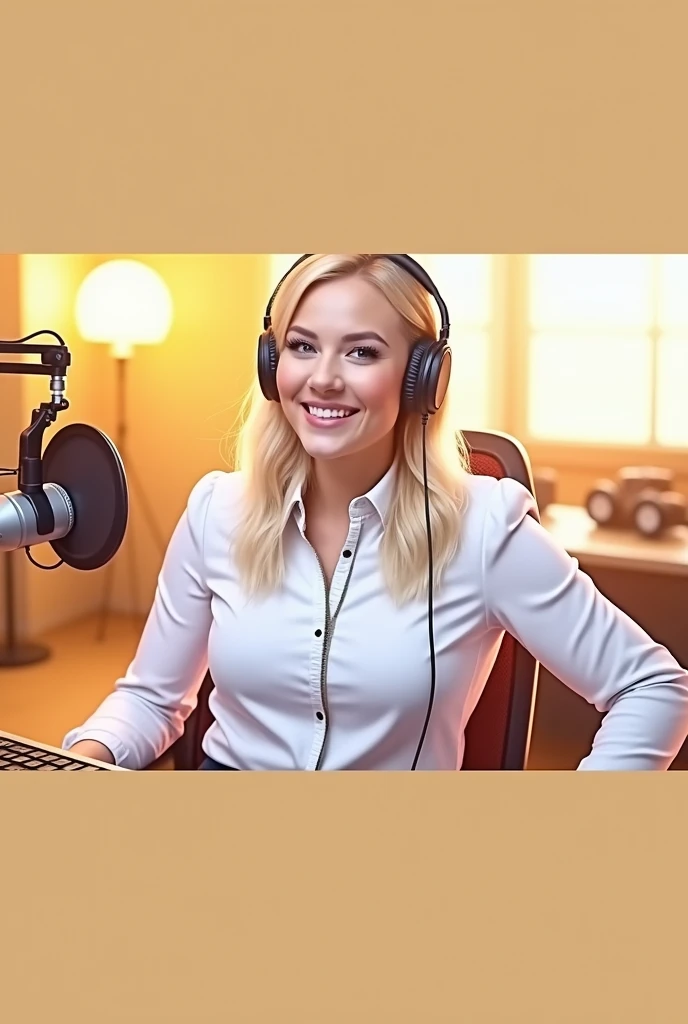 Use the image to generate an Ai image of a radio presenter in studio wearing headphones and also conducting a show while smiling