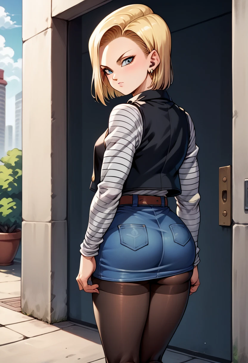 score_9, score_8_up, score_7_up, BREAK, score_9, Android18SDXL, short hair, blue eyes, skirt, blonde hair, jewelry, jacket, pantyhose, earrings, belt, vest, denim, denim skirt, android 18, 1girl, solo, looking at viewer, cowboy shot, ass, from behind, tournament