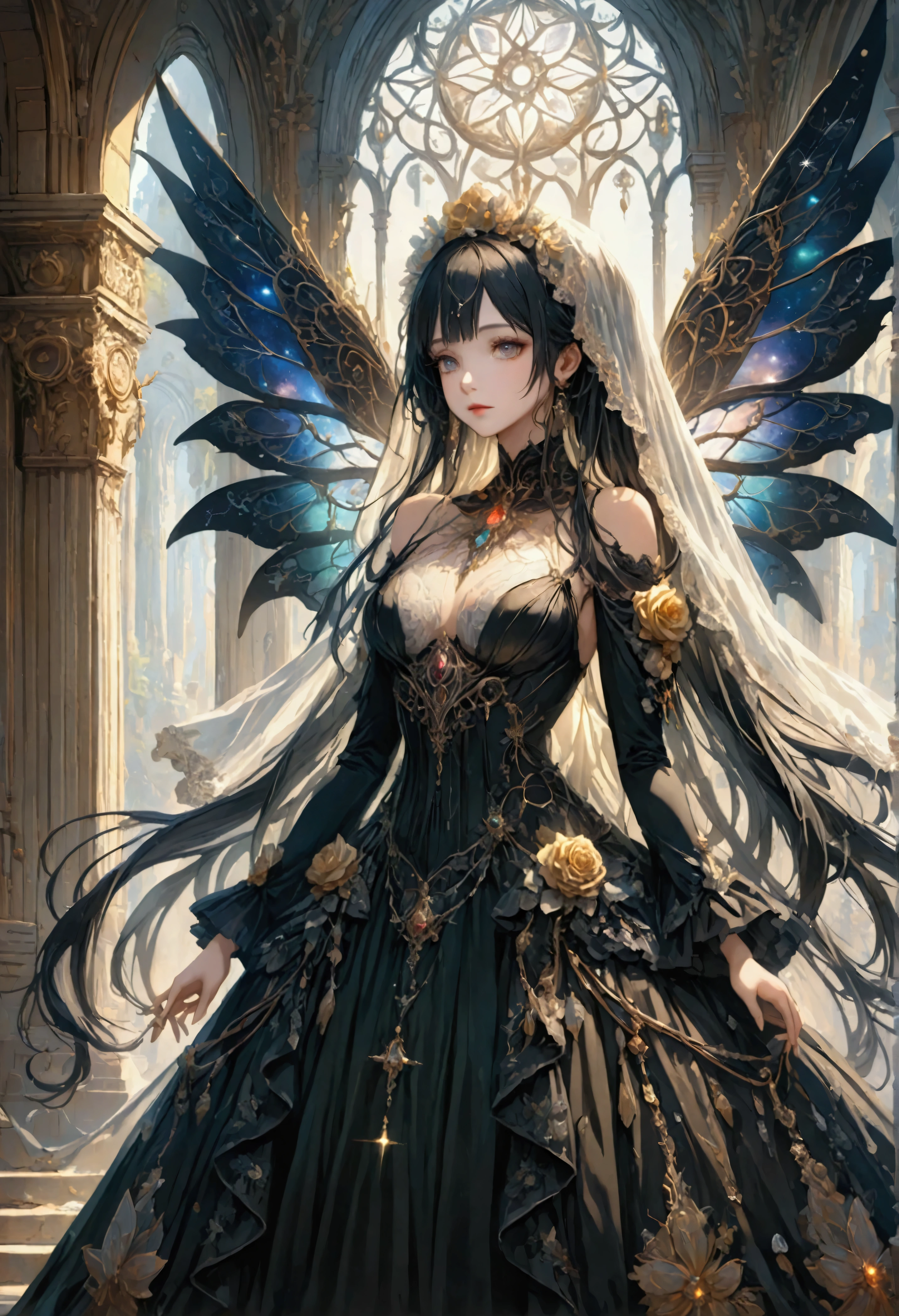 In a world where the elegance of a faded era meets the precision of mechanical innovation, a Gothic ta girl stands as a living testament to this haunting beauty. Her long black hair drapes luxuriously around her shoulders, a silken veil of night that enhances the alabaster fragile elegance of her complexion. Her dress, a cascade of deep black fabric intricately entwined with lace and satin, whispers of a time once filled with grandeur and sophistication. Her mechanical wings, a marvel of artistry and technological prowess, spread wide in a magnificence that defies conventional beauty—their metallic feathers etched with ornate details that glint like starlight in the decadent gloom of her surroundings. She inhabits a space that breathes decay; fragments of marbled elegance and ghostly echoes of an opulent past cradle her form, shaping an ambiance of poetic disarray. Each movement she makes tells a tale of gracefully enduring time, a symphony of elegance and resilience set against the melancholic serenade of inevitable decay. Her eyes, dark and fathomless, capture the melancholic essence of a world forever caught between its past grandeur and the mechanical marvels of an evolving future.,artwork,rendering,(masterpiece:1.3),(highest quality:1.4),(Super detailed:1.5),High resolution,Very detailed,unity 8k wallpaper