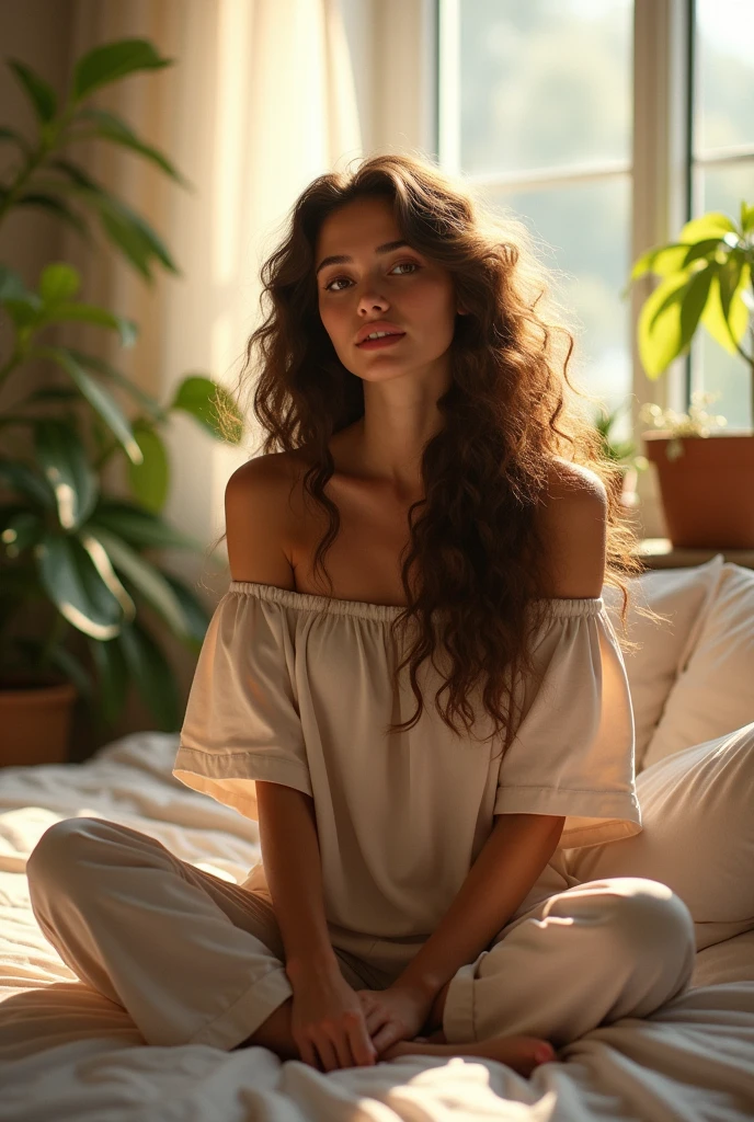 (photorealism:1.2), beautiful woman, sitting on bed, wearing loose off-shoulder top, pajama pants, long curly hair, indoors, soft lighting, plants in background, window with sunlight, cozy room, relaxed pose, realistic, intricate details, warm colors, by Greg Rutkowski, by Alphonse Mucha