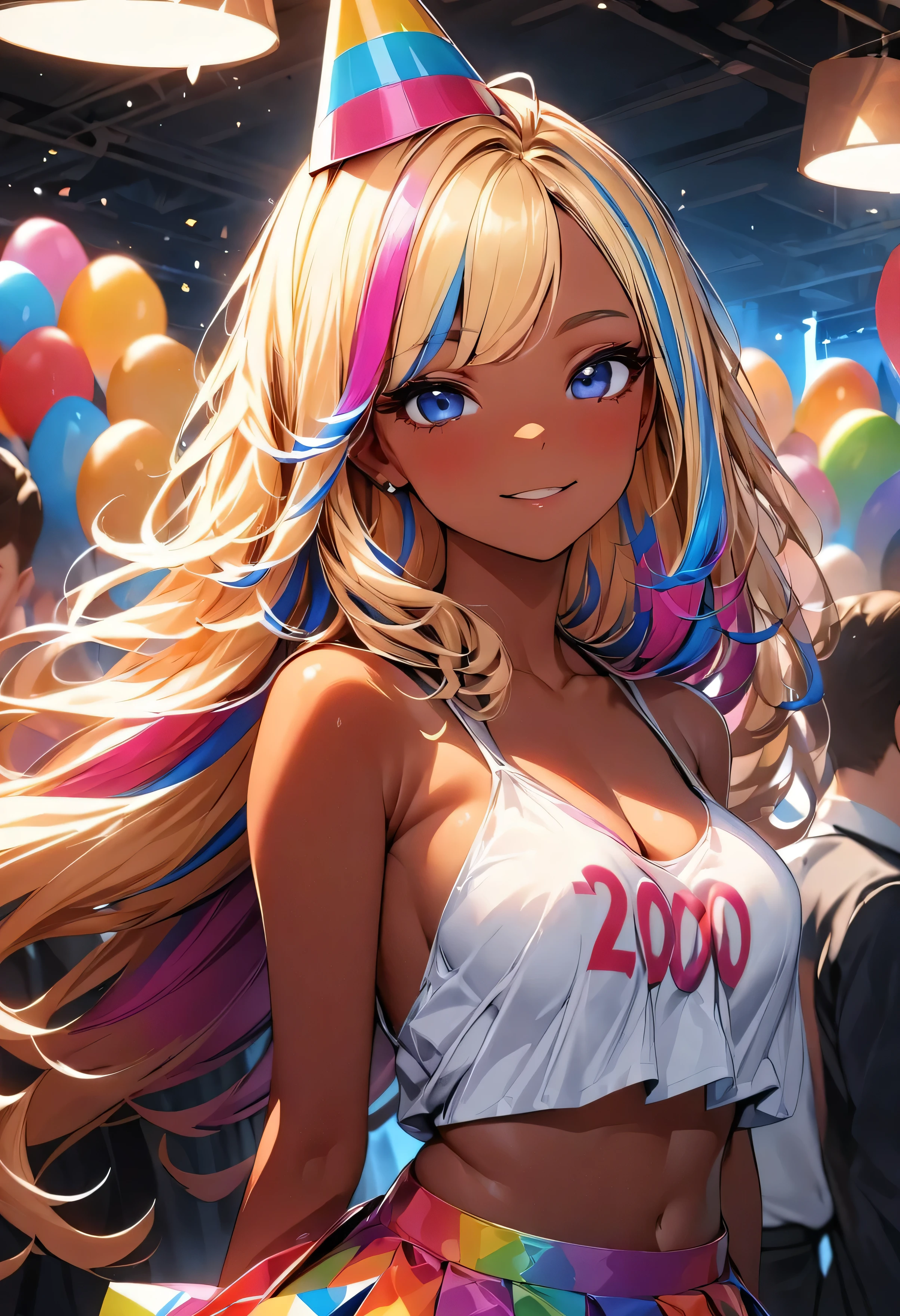 (highest quality:1.2, Very detailed, up to date, Vibrant, Ultra-high resolution, High Contrast, masterpiece:1.2, highest quality, Best aesthetics), Portraiture、girl、slim:1, Bright colors、Beautiful fine details、Beautiful lip detail、long hair, ((wavy hair:0.4))、messy hair, blonde and blue ((streaked hair:1.3)), highlights hair: 1.3, (medium breast:1), (tan skin:1.3), standing in party venue, holding big hand held sign (says "2000"\), colorful conical party hat, happy,