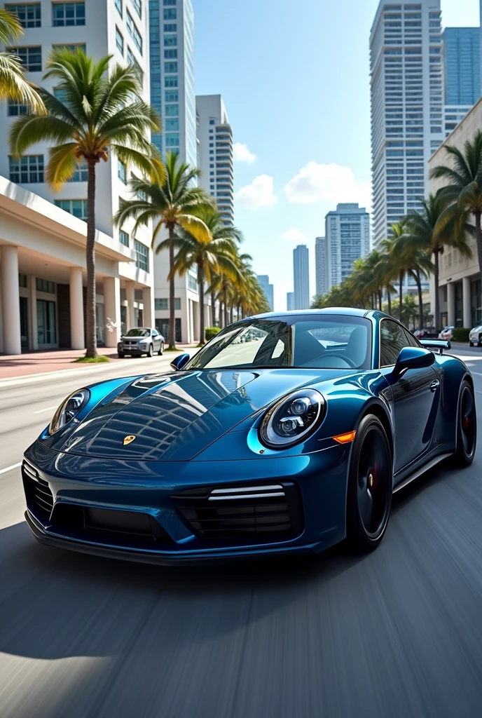 Imagine a dark blue 2020 Porsche 911 on the streets of Miami