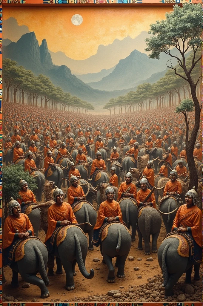 An ancient mural or relief showing a Pandya army in battle, with war elephants, cavalry, and soldiers in action.