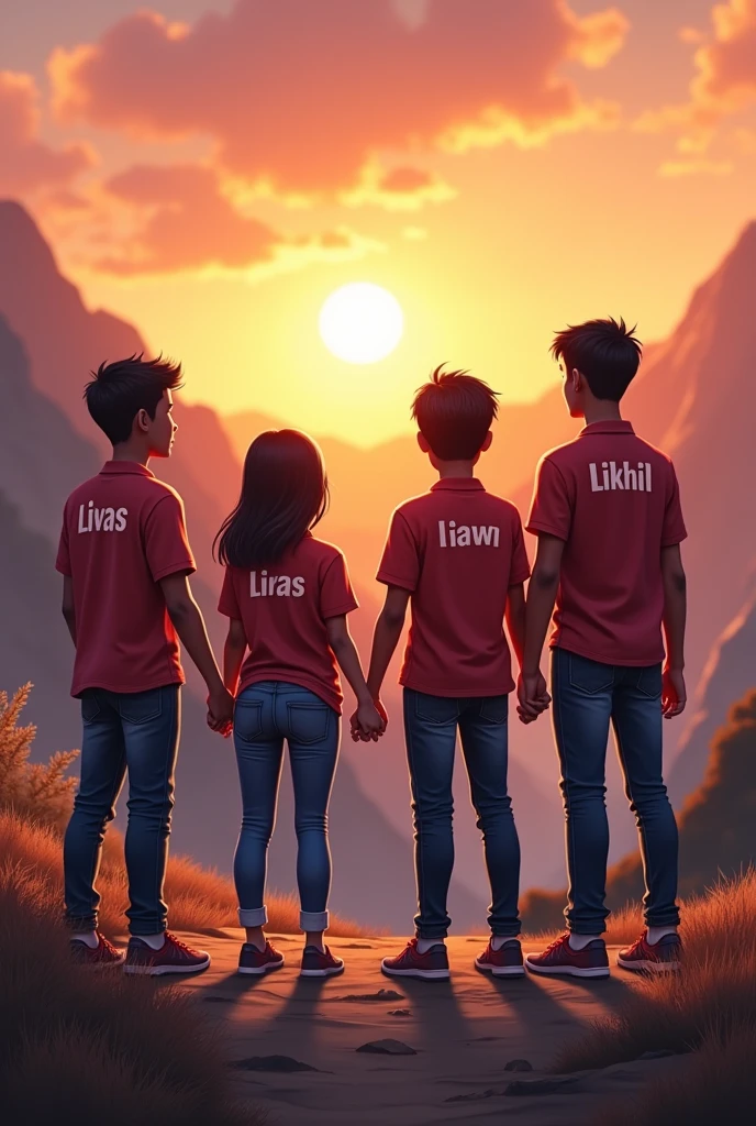Imagine A group of 4 friends. Three boys and one girl friends group. Boys are wearing different types of premium sirf , jeans and shoes in mens costume "Gaurav", "Likhil" and " livas" written on there sirts and one girl's costume "Saima" written on it . Those are bestest friends and they are watching sunset with holding hands they are in the mountain . In boy's t shirt "Livas","gaurav","Likhil" written on it