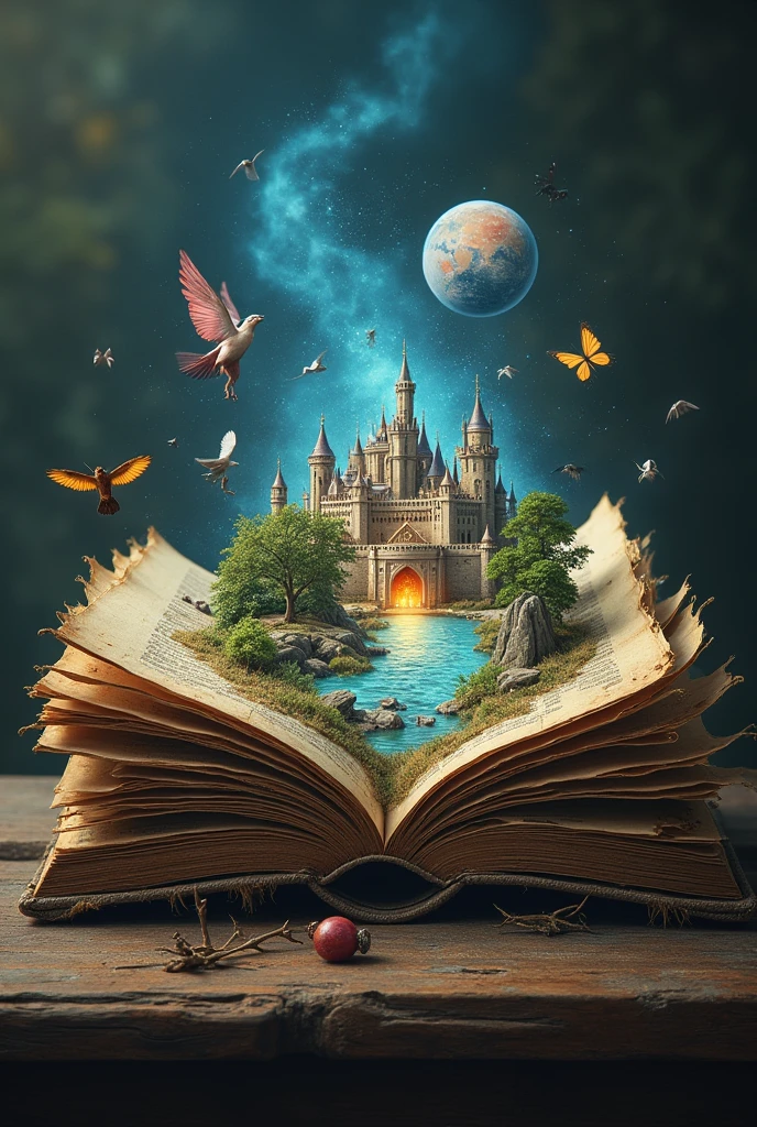 A captivating image of an old, tattered book lying on a wooden table. The cover is worn and faded, with dusty pages peeking out from the sides. However, the moment you open the book, a vibrant and enchanting world unfolds, revealing an intricate universe filled with fantastical creatures, magical artifacts, and a grand castle.The contrast between the book's exterior and the hidden world within symbolizes the importance of not judging a book by its cover.
