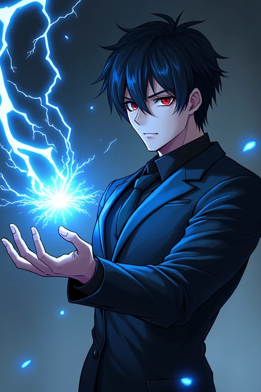 Black Hair,Black suit,male,Anime Style,Red Eye,He has a blue electric special move coming out of one hand.