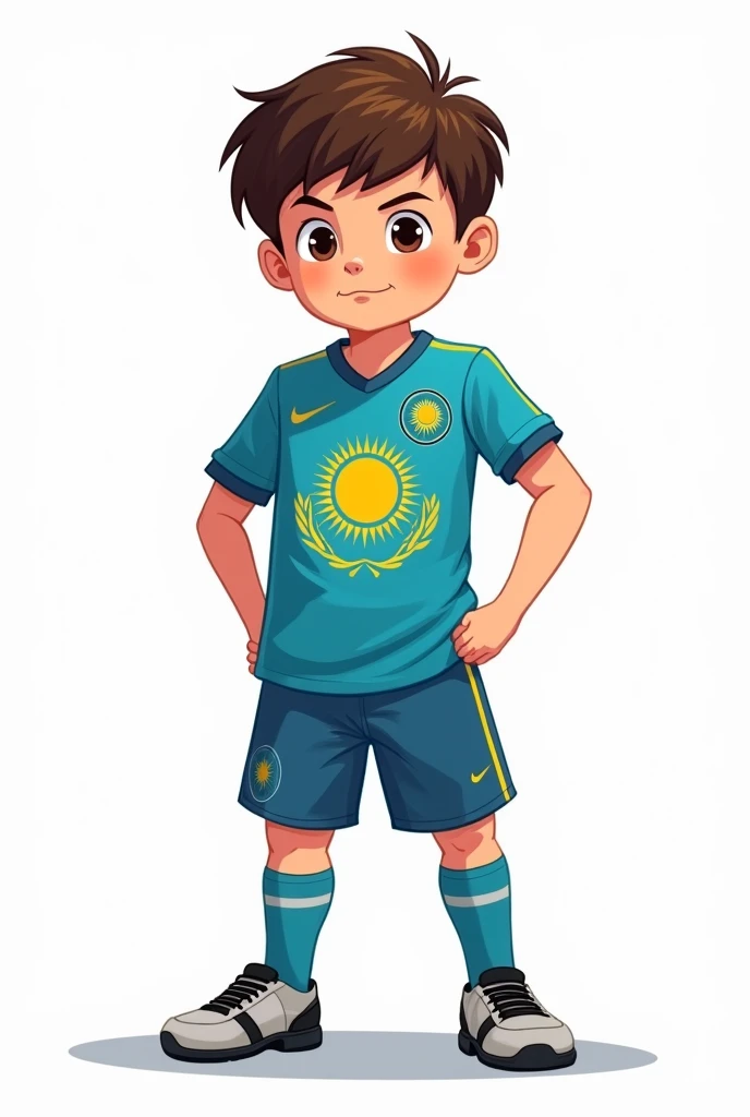 ((officially)) ((masterpiece)) ((Best quality)) ((detailed)) cartoon boy football player in uniform with emblem flag of Kazakhstan on white background