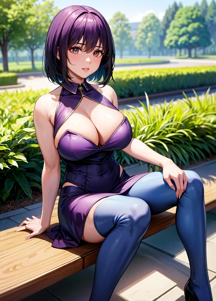 最high quality, In 8K, Masseter muscle area, Vibrant, Sharp focus, high quality, High resolution, Detailed face, Detailed eyes, Thick lips, (Looking at the audience), alone, Beautiful woman, 2, plum, Short black hair, Cleavage, Brightly colored patterned dress, afternoon、In front of the garden in the park,Sit with your feet together on the bench：1.5