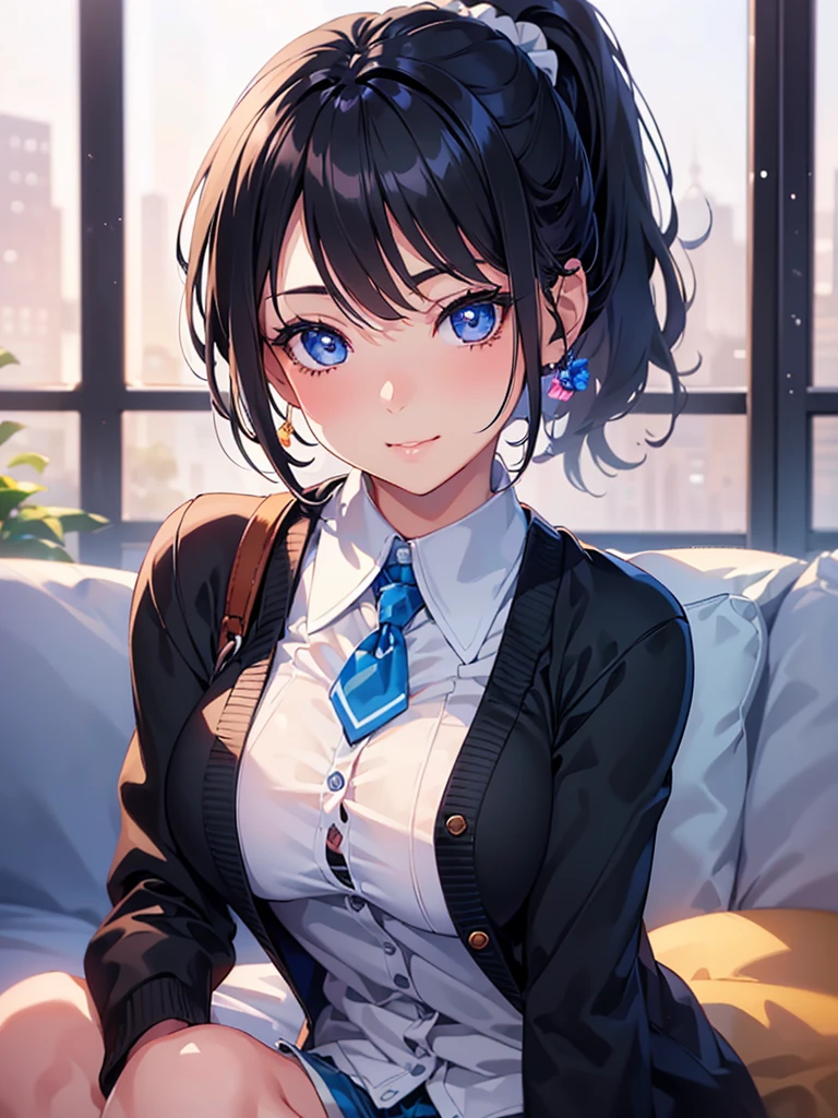 ((short hair, Highest quality, High resolution, Hmph, Pixel perfect, 4K, Hmph, Hmph))), One Girl, single, alone, Beauty、 (( bangs, Black Hair、ponytail、Scrunchie)), ((Big blue eyes, Beautiful eyelashes, Realistic eyes、Double)), ((Detailed smile, )), ((Smooth texture:0.75, Realistic texture:0.65, Realistic:1.1, Anime CG style)), Big Breasts, Perfect body, cardigan、White blouse、Shorts