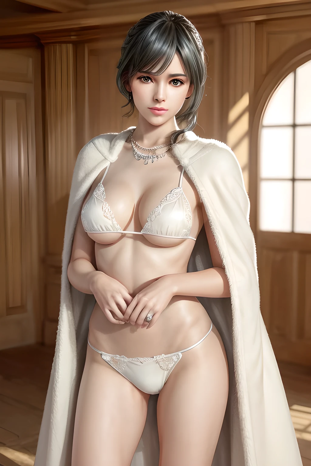 A lady with extraordinary temperament, she stands in a modern indoor space, as if she is a model from a fashion magazine. She is wearing a (pure white long fur cape), the softness and luster of which makes her look more noble under the light, and complements her (beige bikini) underneath, showing her gentle temperament while maintaining a sense of fashion. The style of the dress is simple and generous, a perfect match, and it lengthens her figure, making her tall and charming. The lady's makeup is delicate and elegant, which just highlights her facial features and makes people unforgettable at first sight. Although the earrings and necklace she wears are not ostentatious, they add a bit of sophistication and nobility to her overall look. Her hair is casually draped over her shoulders, and every strand of hair exudes a natural luster,, (best quality,8k,highres,masterpiece:1.2),ultra-detailed,(realistic,photorealistic,photo-realistic:1.37),studio lighting,ultra-fine painting,sharp focus,physically-based rendering,extreme detail description,professional,vivid colors