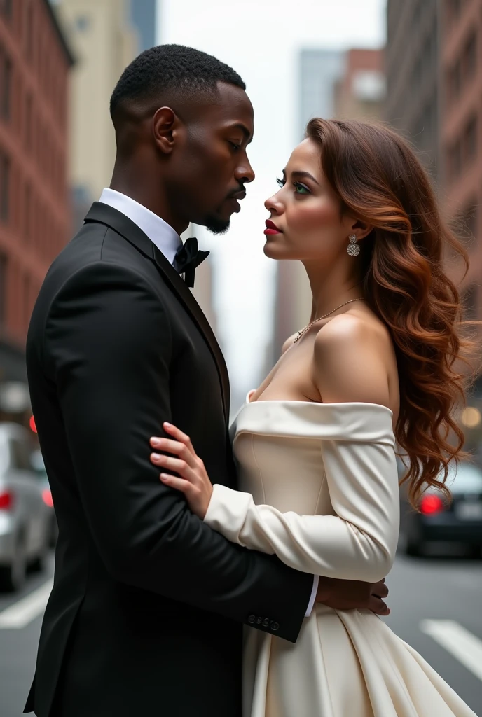 A couple formed by a young black man with fine features, straight hair cut low, thin moustache, super tall stature, thin but with a muscular body, wearing formal clothes and an extremely white woman, greeneyes, short stature, wide body with wide hips and big , Waist slender. Wearing a long dress with long sleeves covering her arms. Wavy hair in light brown with a hint of red. The two are in New York looking at each other posing for the photo.