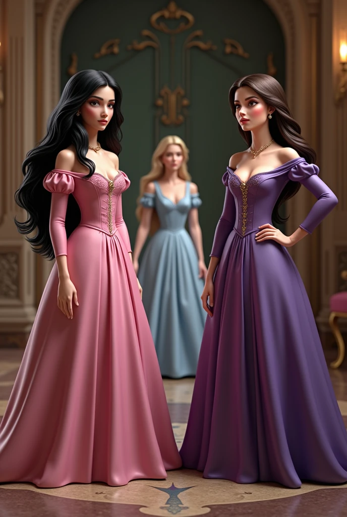 Create a REALISTIC image of a scene from Cinderella , with the well-groomed sisters , one with black hair and the other with brunette hair , one with a pink and purple dress with Cinderella in the middle behind with a sad expression , and Cinderella with blonde hair and apron CREATE REALISTICLY