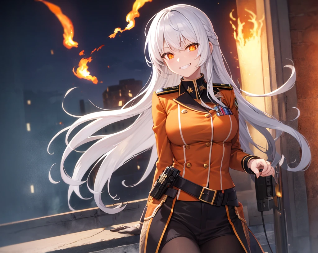 White hair, orange mesh in hair, orange eyes, girl, military uniform, flames, grinning, night battlefield, from the waist up, alone