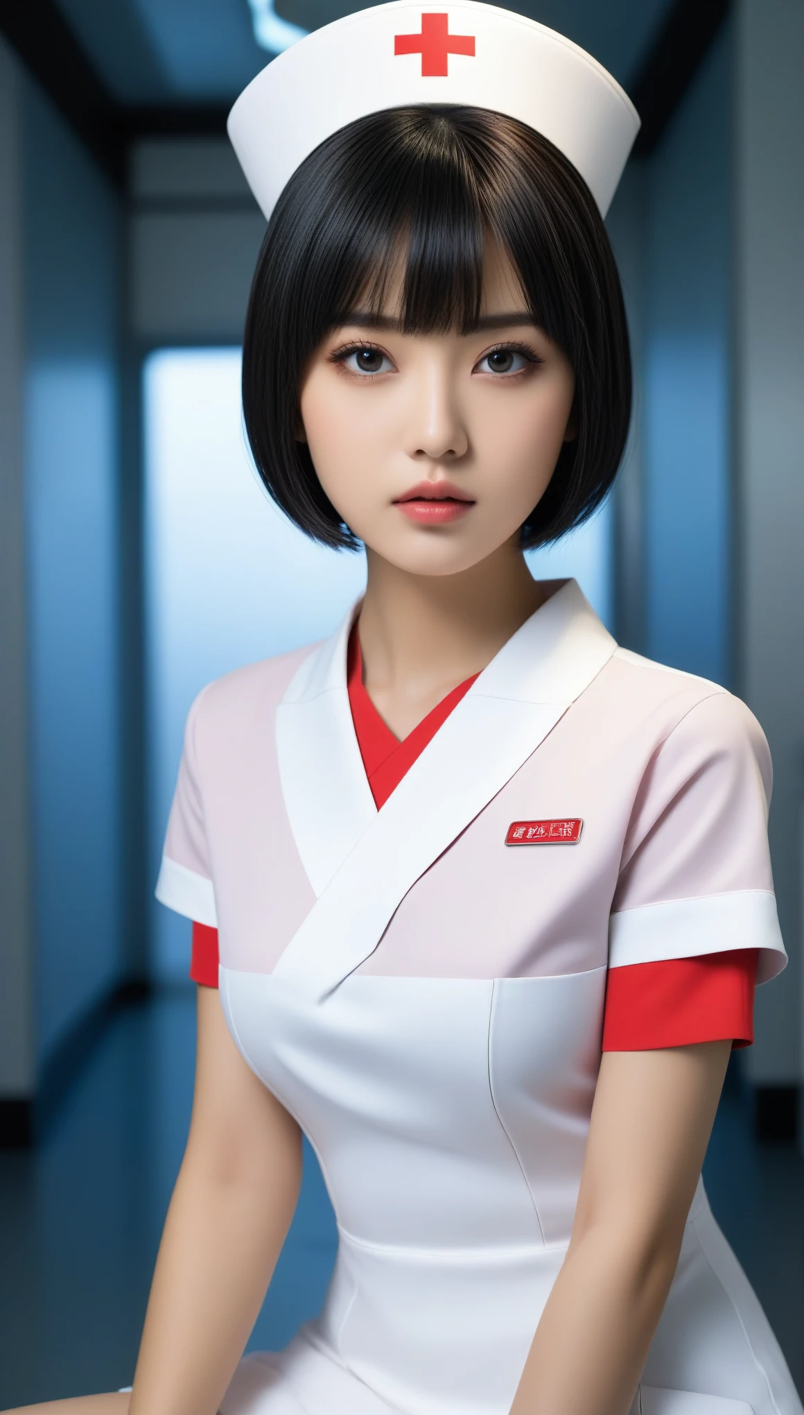 8k, Ultra-high resolution, Highest quality, masterpiece, 三分割法によるphotograph,Surreal, photograph, 1 , (:1.3), cute, cute顔, 細部までBeautiful Eyes, 細かくdetailedに,masterpiece,One Girl:1.2,Japanese women,nurse,upper body,glaring,Black short hair,Bowl cut,ID photo,((Humanoid Android)),(Nurse uniform of the future:1.3),Mechanized body,cyber punk,Eccentric,Medical Treatment Room,white collar,(Beautiful attention to detail),Subtle details, detailedな顔,anger,Attractive eyes,(ポートレートphotograph:1.4),(Photorealistic images:1.4),Fantasy art,(Beautiful Face:1.4),美しくAttractive eyes、Beautiful Eyes,Silver residue,(Tight waist:1.4)、(Beautiful with perfect body proportions:1.4),Pink Lips,profile,(((Ideal body type))),A-cup small breasts :2,、Portraiture:2、Perfect Anatomy、鮮明なdetailed、detailed,Fashion magazine cover,Thin lips,完璧でBeautiful Face ,完璧でcute顔, Skin with attention to detail, Perfect limbs、Narrow waist,Surreal,Light and shadow,spotlight