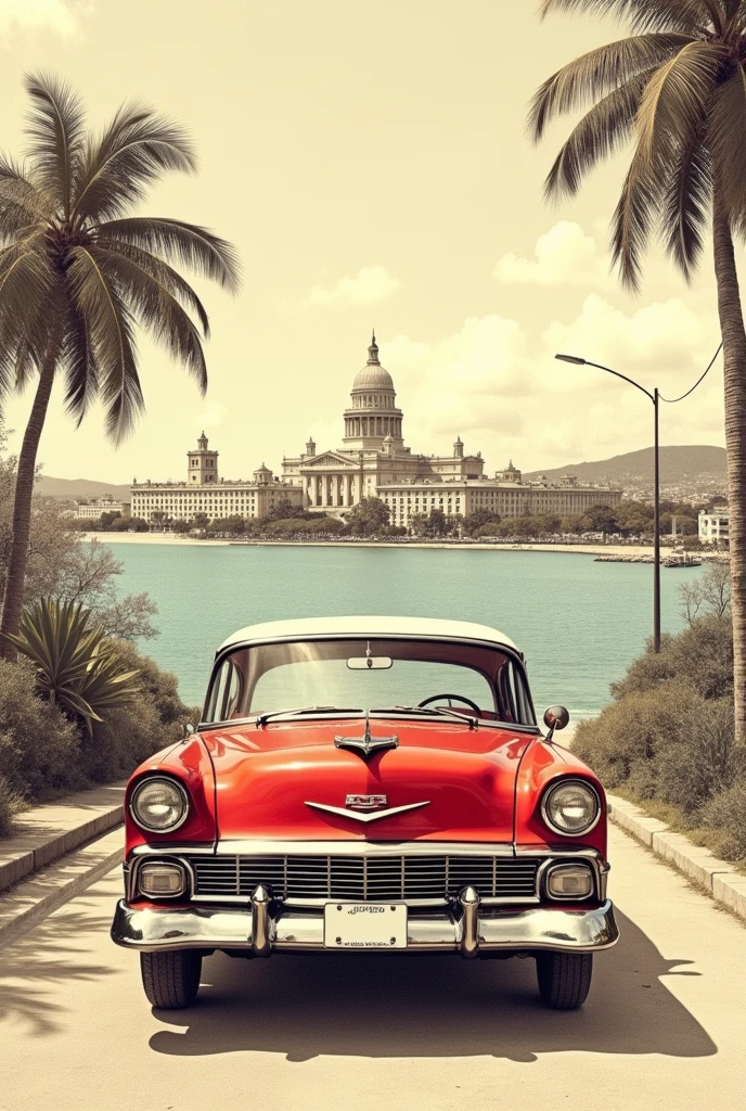 Cuban Capitol in the distance in sepia, only to contour lines, like a drawing , In the foreground, an old American car from 1959, red in color, On another level, the sea and the hill of Havana, that the license plate of the car does not appear on the registration plate 