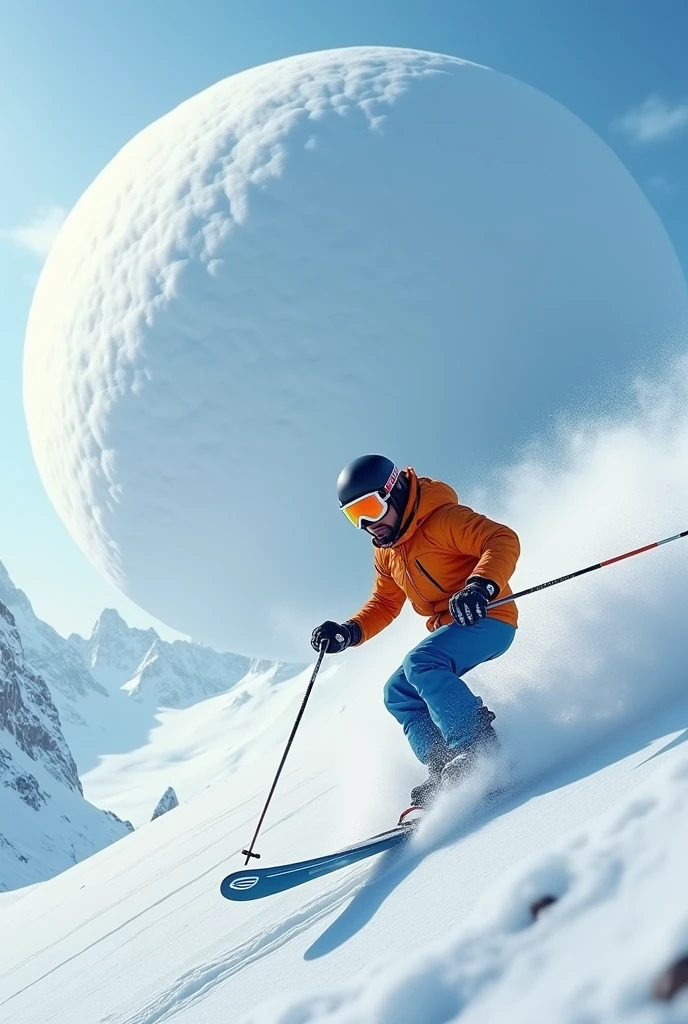 Large snow balls Toofan is on the air, it's ready to jump on a man and a 30 years Indian young man is ski down with poles on the snow hills of mountain, he wears helmet, glasses. he wears orange jacket, blue pant, shoes.