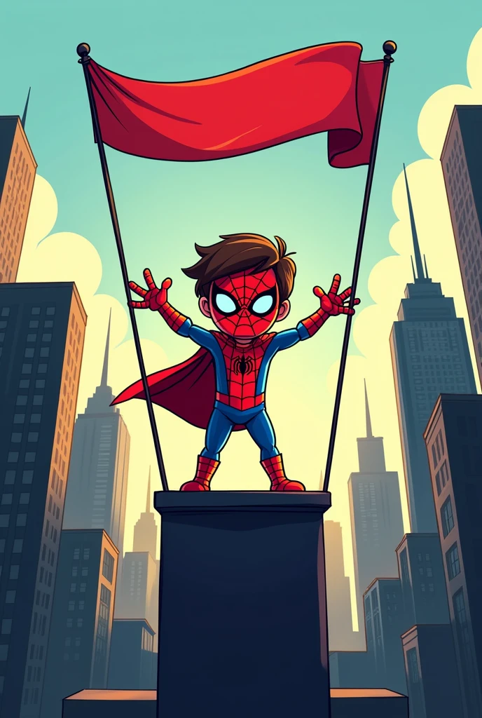A dressed as Spider-Man on the top of building, with the shadows of buildings behind him, and a banner with the superhero written on it Cartoon drawing 2d with black outline