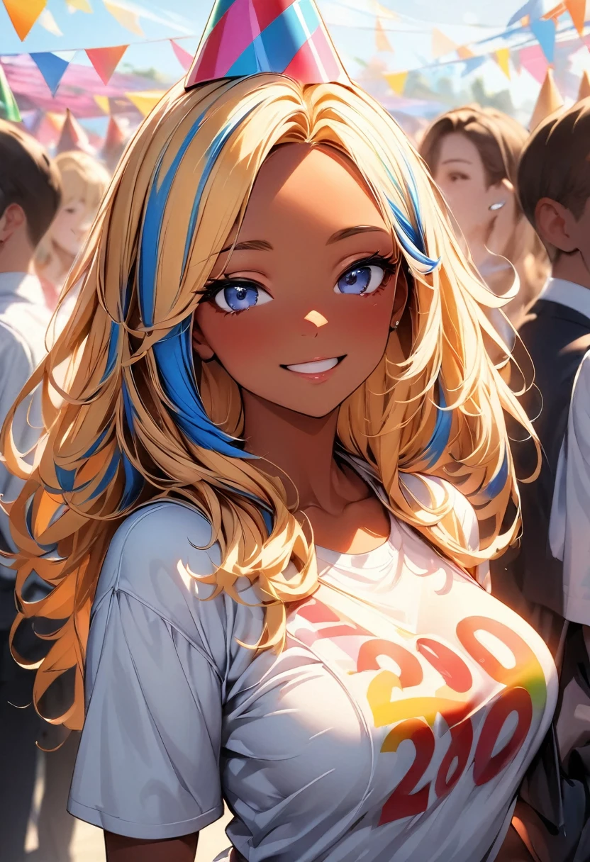 (highest quality:1.2, Very detailed, up to date, Vibrant, Ultra-high resolution, High Contrast, masterpiece:1.2, highest quality, Best aesthetics), Portraiture、girl、slim:1, Bright colors、Beautiful fine details、Beautiful lip detail、long hair, ((wavy hair:0.4))、messy hair, blonde and blue ((streaked hair:1.3)), highlights hair: 1.3, (medium breast:1), (tan skin:1.3), standing in party venue, holding big hand held sign (says "2000"\), colorful conical party hat, (happy:1)
