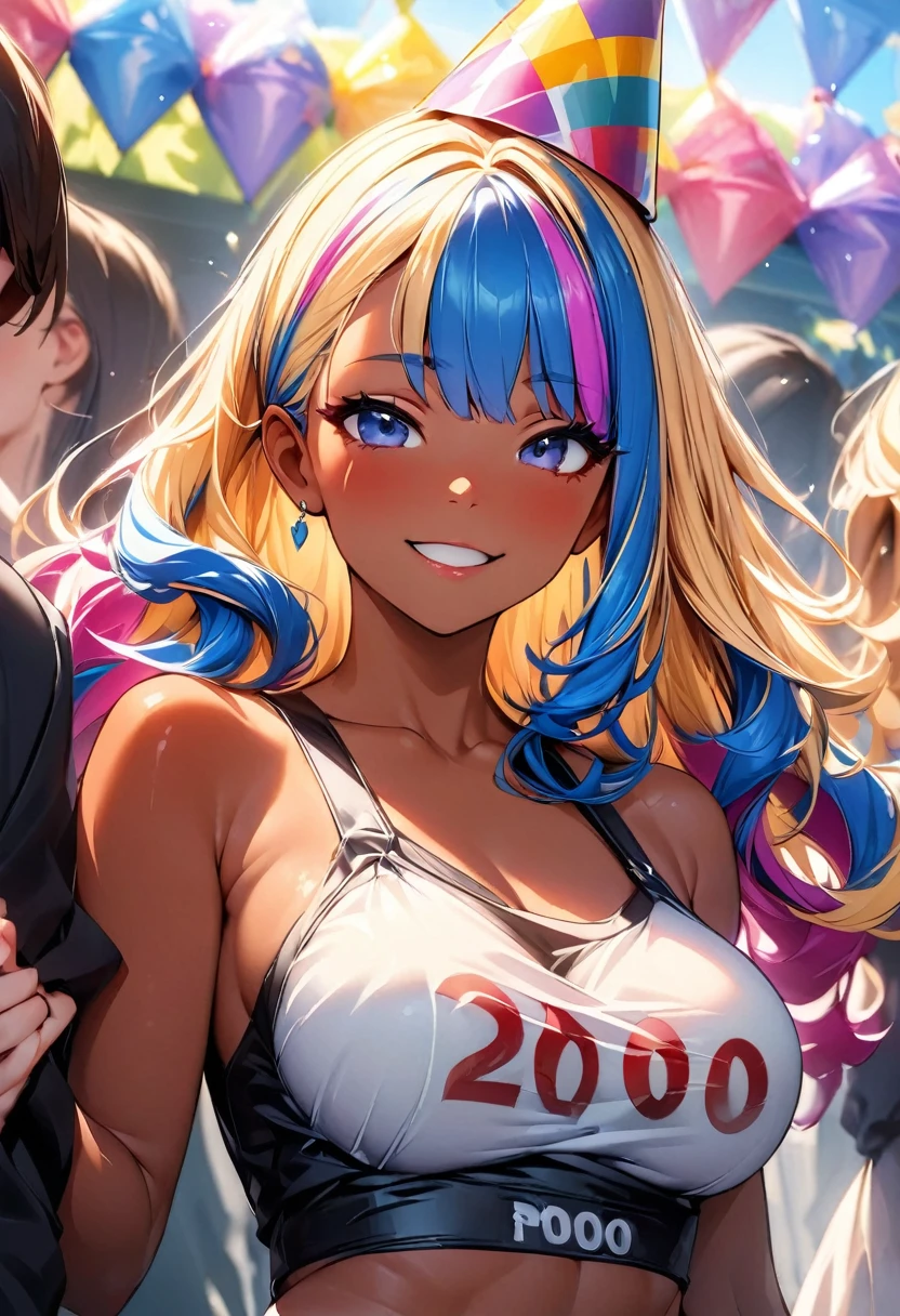 (highest quality:1.2, Very detailed, up to date, Vibrant, Ultra-high resolution, High Contrast, masterpiece:1.2, highest quality, Best aesthetics), Portraiture、girl、slim:1, Bright colors、Beautiful fine details、Beautiful lip detail、long hair, ((wavy hair:0.4))、messy hair, blonde and blue ((streaked hair:1.3)), highlights hair: 1.3, (medium breast:1), (tan skin:1.3), standing in party venue, holding big hand held sign (says "2000"\), colorful conical party hat, (happy:1)