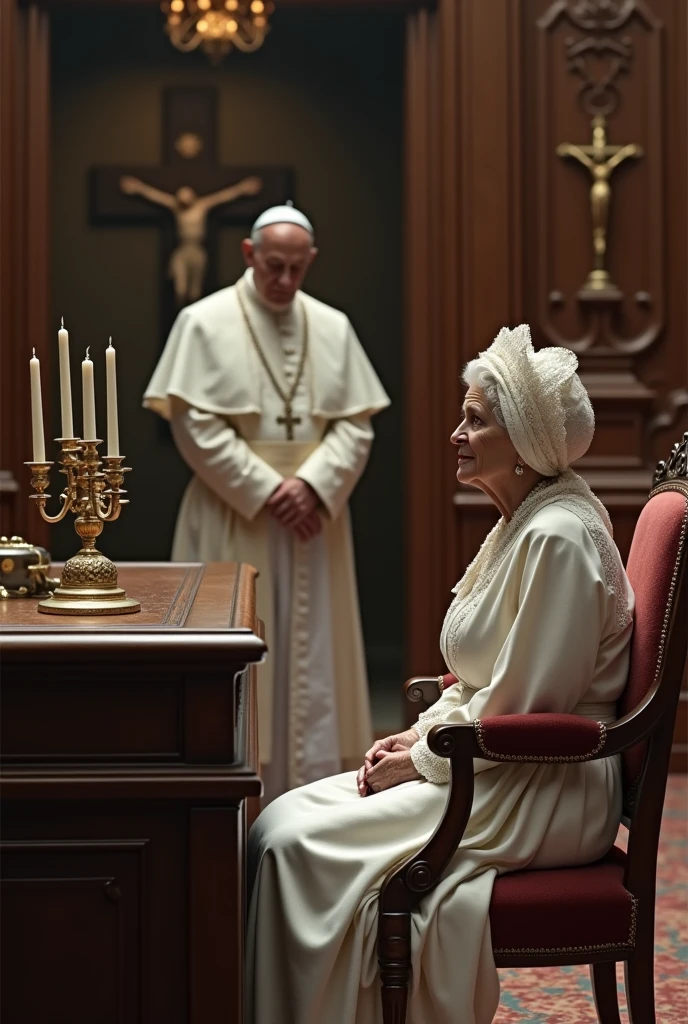 The Pope goes to his office. When you open the door, notices an elderly woman in all-white English clothes, and English hat, is sitting in an armchair in front of her office desk.