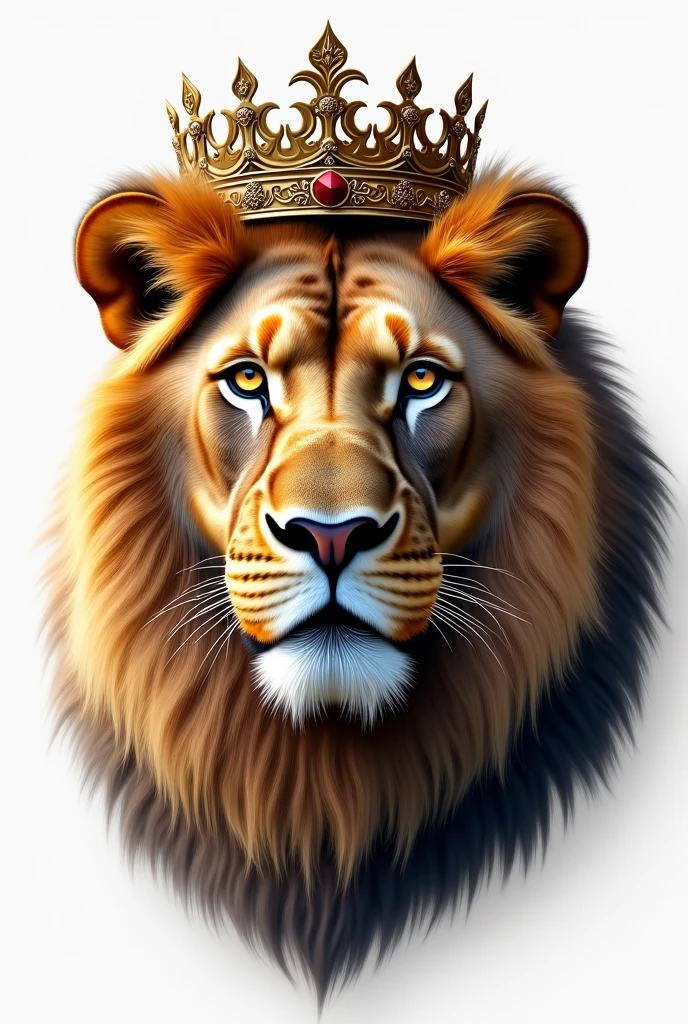 Half face of a Lion with crown on white background 