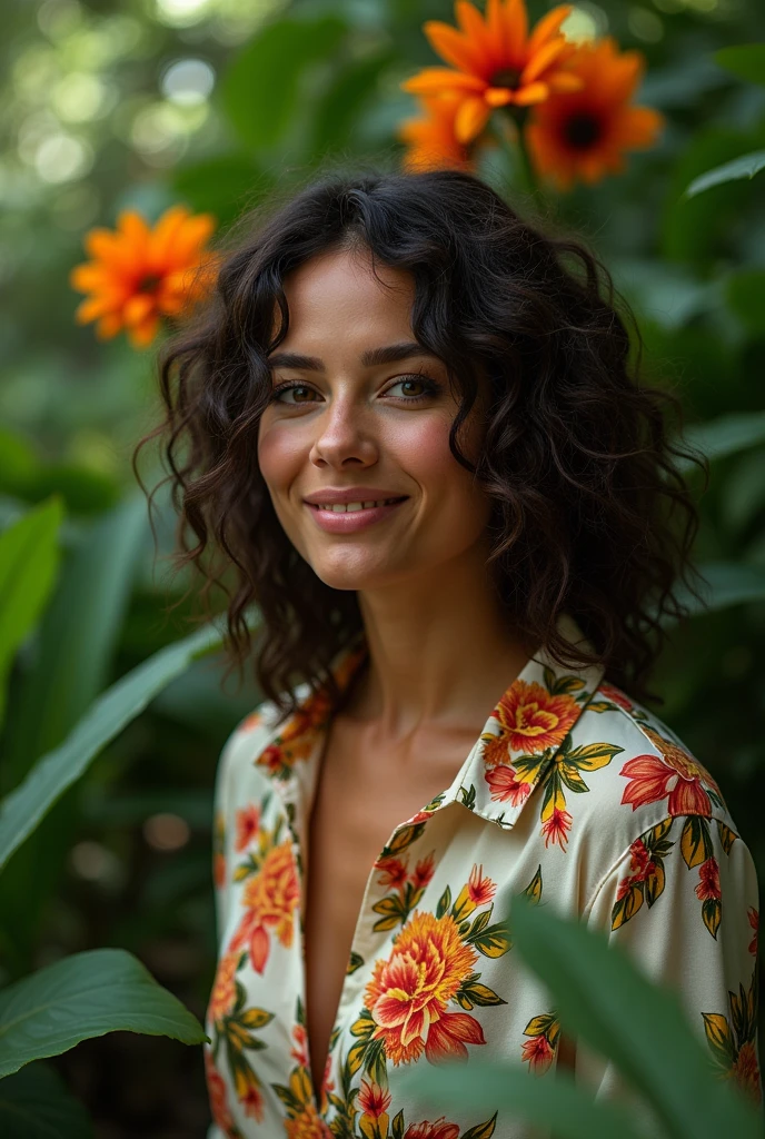 A Brazilian woman in a lush tropical garden, wearing an open shirt with a floral print, with a close-up capturing the harmonious beauty between her breasts and the natural flowers, showing off your natural charm and outgoing personality.